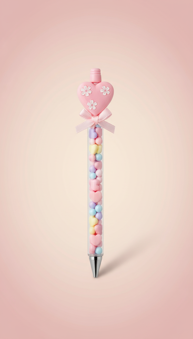 Pink Blossom Heart Charm Beaded Pen