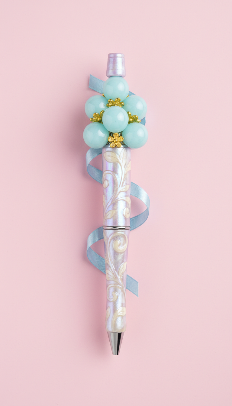 Flower motif pen with aqua glass beads